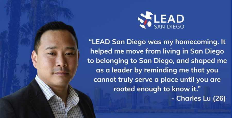LEAD San Diego graphic with a quote from Charles Lu about belonging to San Diego
